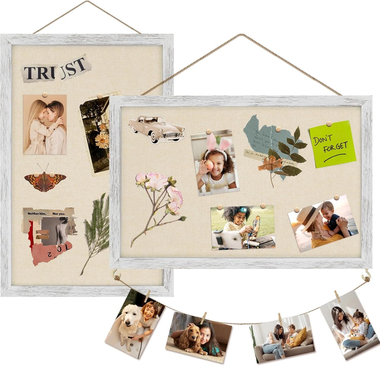 2 Pack Cork Boards for Walls with Linen, 16x11 Wood(Rustic White)